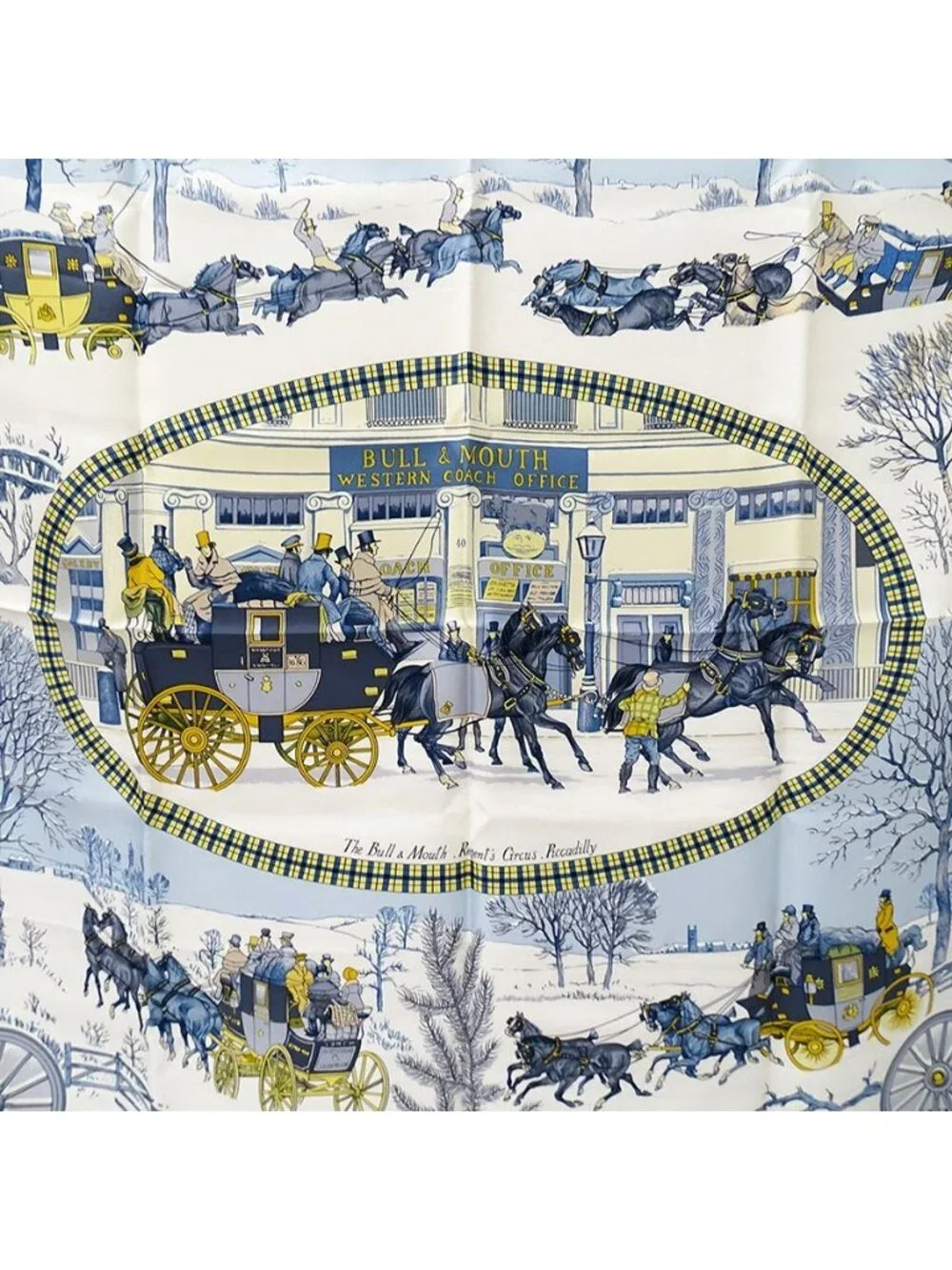 Hermes Scarf Carre 90 L'hiver en Poste Winter Mail Silk Blue